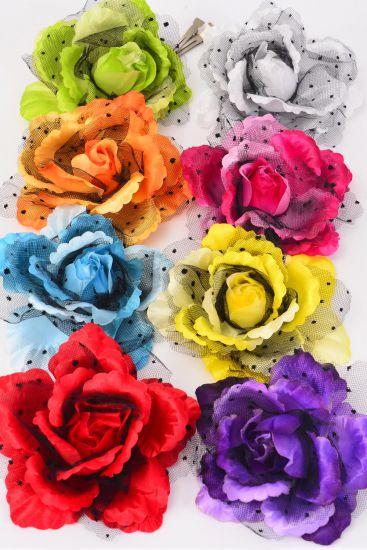 Flower Silk Flower Rose Mesh Black Lace Multi Alligator Clip / 12 pcs Flower = Dozen Multi , Size - 5" Wide , Alligator Clip & Brooch , 2 Fuchsia , 2 Yellow , 2 Blue , 2 White , 1 Red , 1 Orange , 1 Lime , 1 Yellow Color Asst