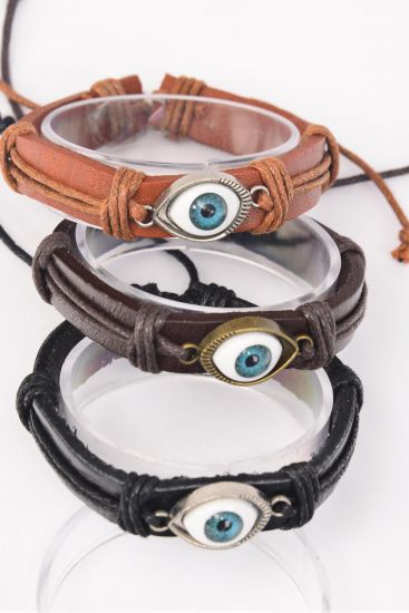 Bracelet Real leather Blue Venetian Glass Hamsa Evil Eye Good luck and Protection / 12 pcs = Dozen  Unisex , Adjustable , 4 of each Color Mix , Hang tag & OPP Bag & UPC Code