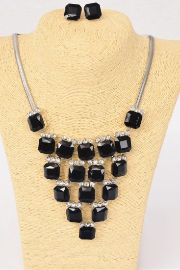 Necklace Sets Fancy Octagon Glass Rhinestones Black / Set Black , Post , 18" Long Extension Chain , Velvet Display Card & OPP Bag & UPC Code