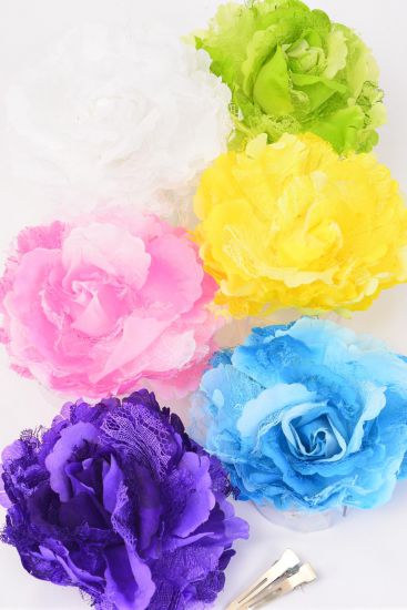 Flower Silk Flower Jumbo Rose Satin Lace Mix Alligator Clip Brooch Attachments Pastel / 12 pcs Flower = Dozen Size - 5" Wide , Alligator Clip & Brooch , 2 of each Color Asst , Display Card & UPC Code , W Clear Box