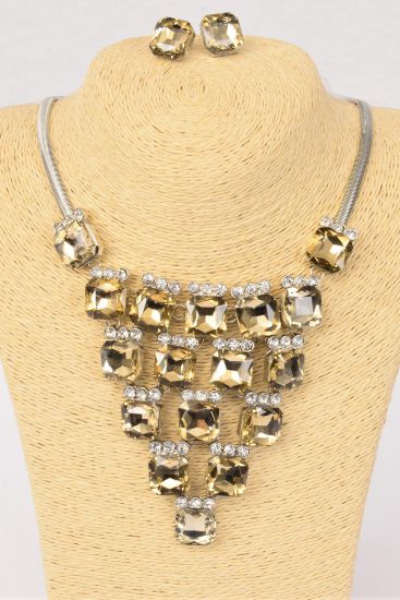 Necklace Sets Fancy Octagon Glass Rhinestones champagne / Set Champagne , Post , 18" Long Extension Chain , Velvet Display Card & OPP Bag & UPC Code