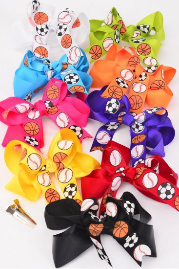 Hair Bow Jumbo All Sports Double Layered Grosgrain Bow-tie Multi / 12 pcs Bow = Dozen Alligator Clip , Bow- 6" x 5" Wide , 2 Fuchsia , 2 White , 2 Black , 1 Lime , 1 Orange , 1 Blue , 1 Red , 1 Yellow , 1 Purple , Clip Strip & UPC Code.