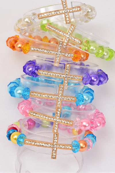 Bracelet Sideways Cross Rhinestone Glass Pearl  & Beads Mix / 12 pcs = Dozen Stretch , Cross-1.75"x 1" wide , 2 Multi ,2 Purple ,2 Cream ,2 Pink ,2 Blue ,1 Lime ,1 Orange Color Asst , hang Tag & OPP bag & UPC Code