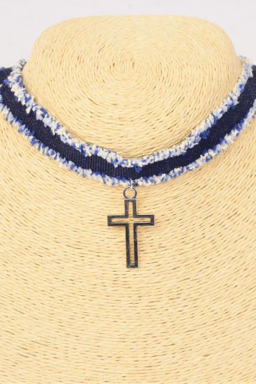 Necklace Choker Denim Cross Pendant / 12 pcs = Dozen Size - 14" W Extension Chain , Display Card & OPP Bag & UPC Code