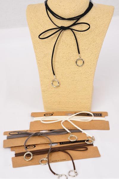 Necklace Faux Suede Cord String Wrap Bolo Tie Choker Metal Accent On Bottom / 12 pcs = Dozen Color-3 Black , 3 Brown , 3 Gray , 3 White Color Asst , Display Card & OPP Bag & UPC Code