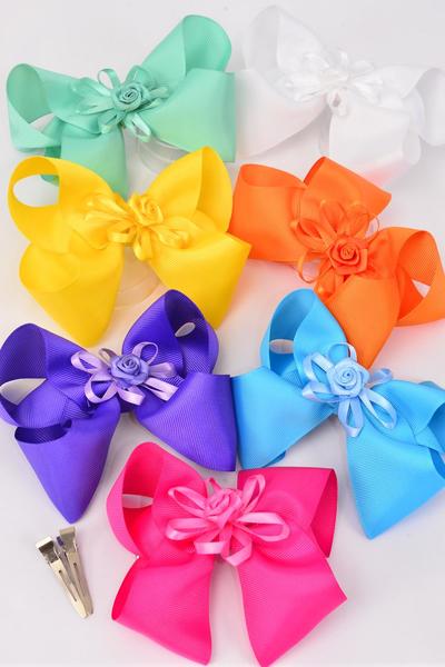 Hair Bow Jumbo Center Rose Grosgrain Bow-tie Citrus / 12 pcs Bow = Dozen Alligator Clip , Size - 6" x 5" Wide , 2 White , 2 Fuchsia , 2 Blue , 2 Yellow ,2 Purple , 1 Orange , 1 Lime Color Asst ,Clip Strip & UPC Code