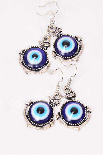 Earrings Metal Antique Blue Venetian Glass Hamsa Evil Eye Nautical Anchor Good luck And Protection / 12 pcs = Dozen Fish Hook , Size - 1"x  0.75" Wide , Earring Card & OPP Bag & UPC Code