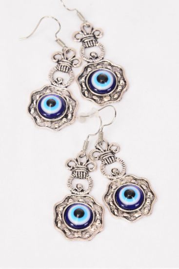 Earrings Metal Antique Blue Venetian Glass Hamsa Evil Eye Good luck And Protection/DZ **Fish Hook** Size-1.25"x 0.75" Wide,Earring Card & OPP Bag & UPC Code