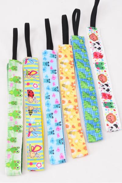 Headband Cute Bug Animal Pattern Mix Grosgrain Fabric / 12 pcs = Dozen Non Slip Velvet Lined , Stretch , Size - 1" Wide , 2 of each Pattern Asst , Hang Card & UPC Code , W Clear Box