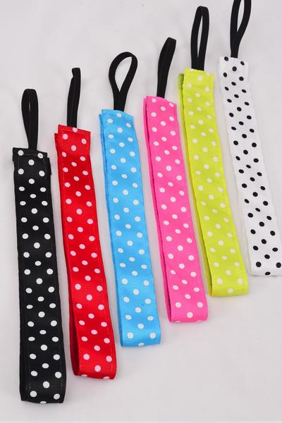 Headband Polka dots Pattern Mix Grosgrain Fabric / 12 pcs = Dozen Non Slip Velvet Lined , Stretch , Size - 1" Wide , 2 of each Pattern Asst , Hang Card & UPC Code , W Clear Box