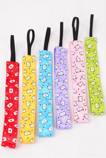 Headband Love Letter Pattern Mix Grosgrain Fabric / 12 pcs = Dozen Non Slip Velvet Lined , Stretch , Size - 1" Wide , 2 of each Pattern Asst , Hang Card & UPC Code , W Clear Box