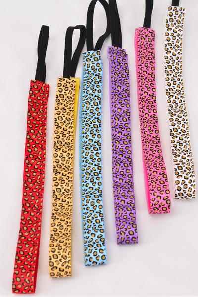 Headband Leopard Pattern Mix Grosgrain Fabric / 12 pcs = Dozen Non Slip Velvet Lined , Stretch , Size - 0.75" Wide , 2 of each Pattern Asst , Hang Card & UPC Code , W Clear Box