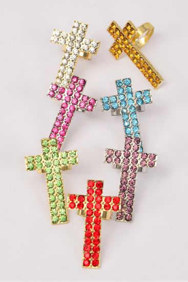 Rings Cross Metal Gold Color Rhinestones Multi / 12 pcs = Dozen Adjustable , Cross Size - 1.75" x 1" Wide , 2 Red , 2 Fuchsia , 2 Blue , 2 Lavender , 2 Clear , 1 Gold , 1 Lime Asst