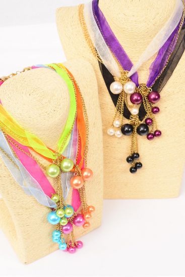 Necklace Gold Chain Chiffon Fabric Mix Multi Pearl Drops / 12 pcs = Dozen Size - 18" Extension Chain , 2 White , 2 Black , 2 Fuchsia , 2 Purple , 2 Blue , 1 Lime , 1 Orange Color Asst , Hang Tag & Opp Bag & UPC Code