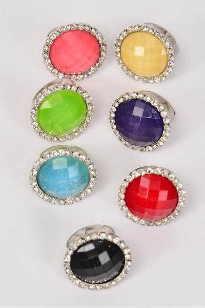 Rings Poly Diamond Cut Clear Rhinestones All Around / 12 pcs = Dozen Adjustable , Face Size - 1" Wide , 2 Black , 2 Red , 2 Aqua , 2 Pink , 2 Lime , 1 Purple , 1 Beige Color Asst