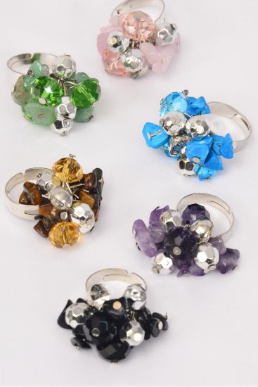 Rings Glass Crystal Charm Real Semiprecious Stone Mix / 12 pcs = Dozen Adjustable , 2 of each Color Asst , 1 DZ Velvet Ring Display Window Box , OPP Bag & UPC Code