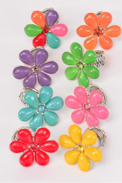 Rings Candy Flower Color Rhinestones Stretch / 12 pcs = Dozen  Stretch , Face Size-1.5" Wide , 2 Multi , 2 Red , 2 Blue , 2 Pink , 1 Lavender , 1 Yellow , 1 Orange , 1 Lime Color Asst.