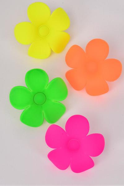 Rings Acrylic Flower Neon Color Asst / 12 pcs = Dozen Flower Size-1.75" Wide , 3 of each Color Asst , Velvet Ring Display Box & OPP Bag & UPC Code -