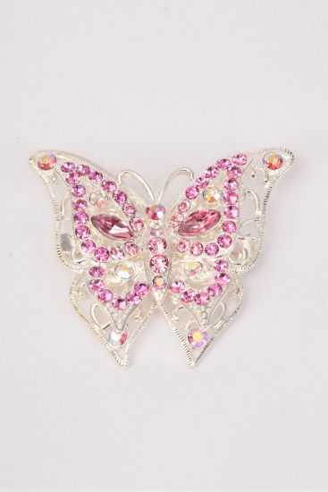 Brooch Butterfly Large Rhinestones / 12 pcs = Dozen Pink , Size - 2" x 2" Wide , Display Card & OPP Bag