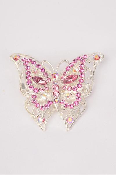 Brooch Butterfly Large Rhinestones / 12 pcs = Dozen Size - 2" x 2" Wide , Display Card & OPP Bag , Choose Colors