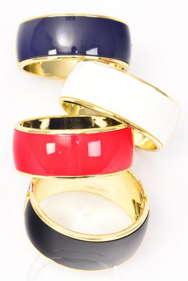 Bracelet Bangle Acrylic Hinge Enamel Gold Trim / 12 pcs = Dozen Size - 2.75" x 1.25" Wide , 3 Red , 3 White , 3 Black , 3 Navy Mix , Hang Tag & OPP bag & UPC code