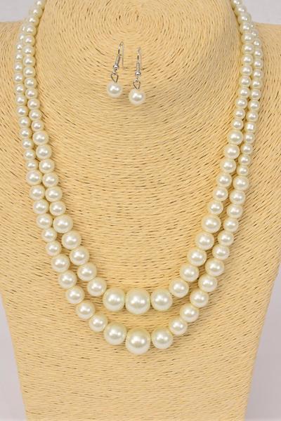 Necklace Sets Graduated From 8 to 14 mm Glass Pearls Cream Beige Pearls / 12 pcs = Dozen Cream , 20" Long , Hang Tag & Opp Bag & UPC Code