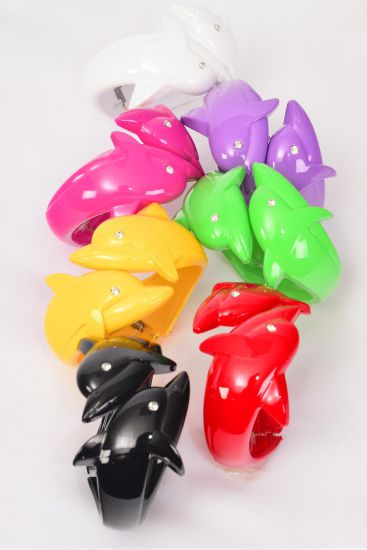 Bracelet Bangle Acrylic Hinge Dolphin Multi Asst / 12 pcs = Dozen Hinge , Size - 2.75 x 1.25" Wide , 2 Black , 2 White , 2 Red ,  2 Yellow , 2 Fuchsia , 1 Purple , 1 Green Mix , Hang Tag & OPP bag & UPC code 