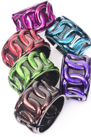 Bangle Acrylic Wide Hinge Chain Pattern Fall Brush Stroke Dark Multi / 12 pcs = Dozen  Dark Multi , Size - 2.75" x 2" Dia Wide , 2 of each Color Asst , Hang Tag & OPP bag & UPC Code 