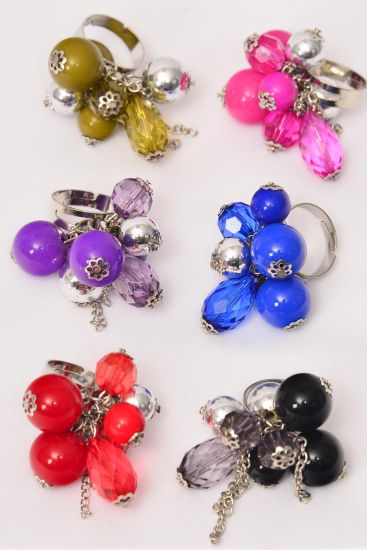 Rings Acrylic Ball Silver Ball Charm Mix / 12 pcs = Dozen Adjustable , 2 of each Color Asst , Velvet Ring Display Window Box , OPP bag & UPC Code