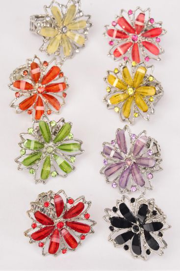 Rings Acrylic Large Cluster Flower Color Stones / 12 pcs = Dozen Stretch , Flower Size - 1.5" Wide , 2 Black , 2 Red , 2 Fchsia , 2 Purple , 1 White , 1 Orange , 1 Yellow , 1 Lime Color Asst