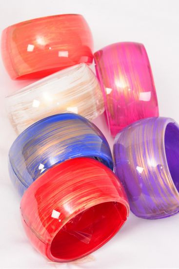 Bracelet Bangle Acrylic Wide Hinge Brush Stroked Multi / 12 pcs = Dozen Multi , Size - 2.75" x 1.75" Dia Wide , 2 Red , 2 White , 2 Fuchsia , 2 Blue , 2 Purple , 2 Orange Mix , Hang Tag & OPP bag & UPC Code