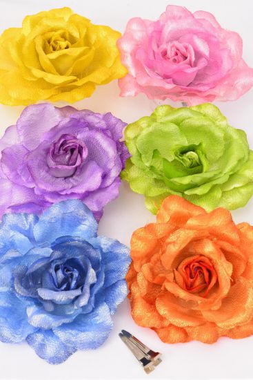 Flower Silk Flower Rose Jumbo Metallic Pastel / 12 pcs Flower = Dozen Pastel , Size - 6" Wide , Alligator Clip , Brooch , 2 of each Color Asst , Display Card & UPC Code , W Clear Box