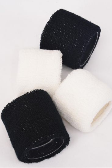 Terry Elastic Wrist Band 12 pair Black & White Mix / 12 Pair = Dozen Width - 2.5" Wide , 6 Black ,6 White Mix , Individual OPP Bag