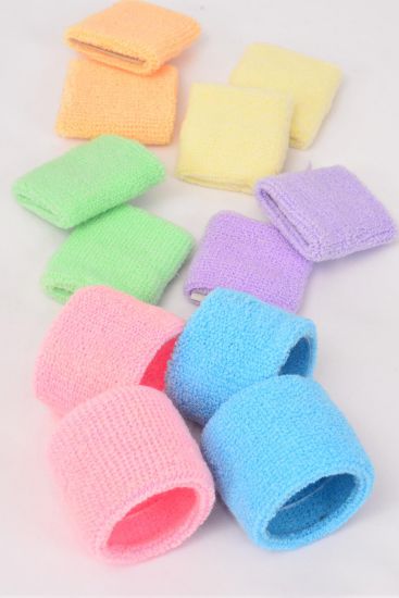 Terry Elastic Wrist Band 12 pair Pastel / 12 Pair = Dozen Pastel , Width - 2.5" Wide , 2 of each Color Asst , Individual OPP Bag