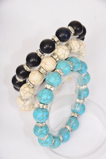 Bracelet 12 mm Semiprecious Stone & Rhinestone Bezel Stretch / 12 pcs = Dozen Stretch , 4 Black , 4 Ivory , 4 Turquoise Color Asst , Hang Tag & Opp Bag & UPC Code