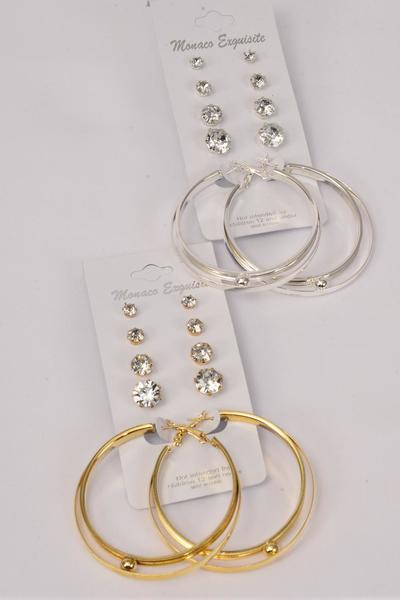 Earrings 5 Pair Metal Loops & Large Acrylic Clear Studs / 60 pair = Dozen Post , Loop -2" Wide , Studs - 3  4  6  8 mm Graduate , 6 Gold , 6 Silver Mix , Earring Card & Opp bag & UPC Code , 5 Pair per Card , 12 Card = Dozen