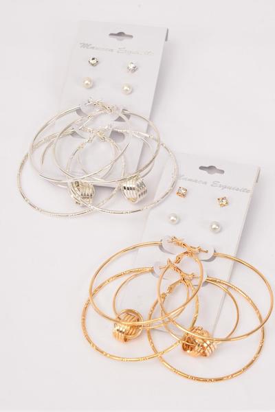 Earrings 4 pair Metal Hoop Moving Ball Studs Miix / 48 pair = Dozen  Post , Loop Size - 2.25" Wide , 6 Gold , 6 Silver Mix , Earring Card & OPP Bag & UPC Code , 4 pair per card , 12 card = Dozen 