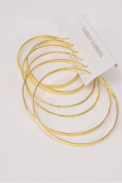 Earrings 3 pair Metal Hoop Mix Gold / 36 pair = Dozen Post , Size -2.25"  2.5"  2.75" Size Mix , Earring Card & OPP Bag & UPC Code , 12 card = Dozen