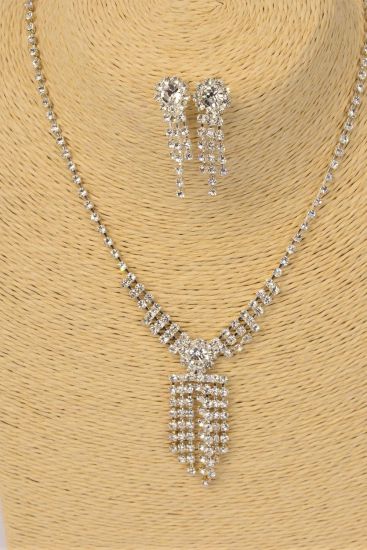 Necklace Sets Rhinestone Drops Clear / Sets Clear , Post , 18" w Extension Chain , Black Velvet Display Card & OPP Bag & UPC Code