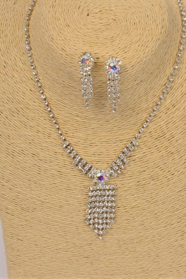 Necklace Sets Rhinestone Iridescent Drops Clear AB / Sets Iridescent , Post , 18" w Extension Chain , Black Velvet Display Card & OPP Bag & UPC Code