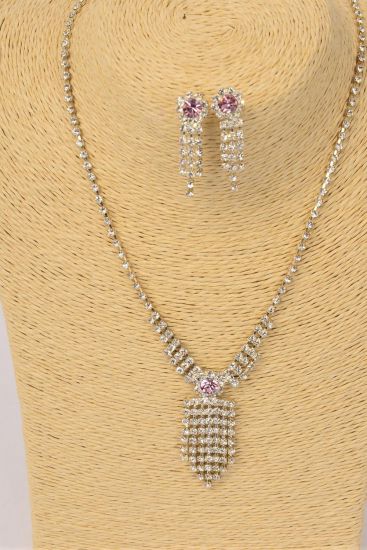 Necklace Sets Rhinestone Drops Pink / Sets Pink , Post , 18' w Extension Chain , Black Velvet Display Card & OPP Bag & UPC Code