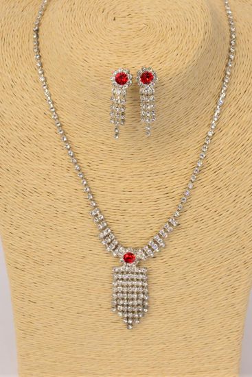 Necklace Sets Rhinestone Drops Red / Sets Red , Post , 18" Extension Chain , Black Velvet Display Card & OPP Bag & UPC Code