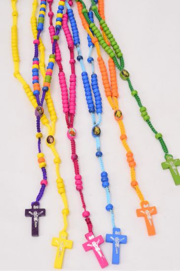 Necklace Wooden Beads Crucifix Mother Virgin Mary Rosary Multi / 12 pcs = Dozen Multi , 32" Long , 2 of each Color Asst , Hangtag & Opp bag & UPC Code