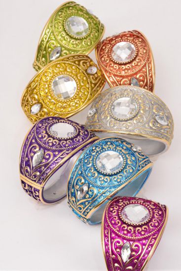 Bracelet Bangle Acrylic Hinge Clear Stones Gold Trim / 12 pcs = Dozen Multi , Size - 2.75" x 1.75" Dia Wide , 2 Silver , 2 Fuchsia , 2 Blue , 2 Purple , 2 Yellow , 1 Lime , 1 Orange Mix , Hang Tag & OPP bag & UPC Code