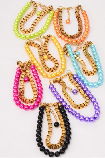 Bracelet 8 mm Glass Pearl Chain Mix Multi / 12 pcs = Dozen Multi , Color - 2 Black , 2 Blue , 2 Fuchsia , 2 Purple , 2 Orange , 1 Lime , 1 Yellow Mix , Hang Tag & OPP bag & UPC Code