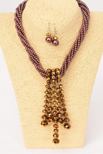 Necklace Sets Purple Pearls & Glass Crystal Drop / 12 pcs Sets = Dozen Purple , Size - 18" Extension Chain , Hang Tag & OPP Bag & UPC Code