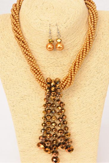 Necklace Sets Gold Pearl w Glass Crystal Drop Mix / Sets Gold , Size - 18" Extension Chain , Hang Tag & OPP Bag & UPC Code 