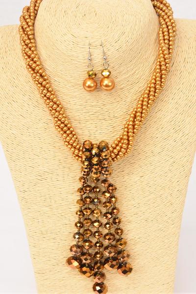 Necklace Sets Gold Pearl & Glass Crystal Drop / Sets Gold , Size - 18" Extension Chain , Hang Tag & OPP Bag & UPC Code 