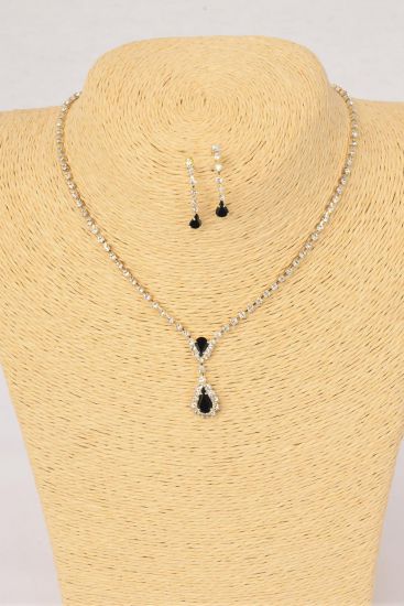 Necklace Sets Choker Rhinestone Tear Drop Black/Sets **Black** Post,Size-16" Extension Chain,Velvet Display Card & OPP Bag & UPC Code