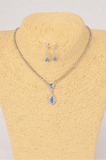 Necklace Sets Choker Rhinestone Tear Drop Blue/Sets **Blue**Post,Size-16" Extension Chain,Velvet Display Card & OPP bag & UPC Code